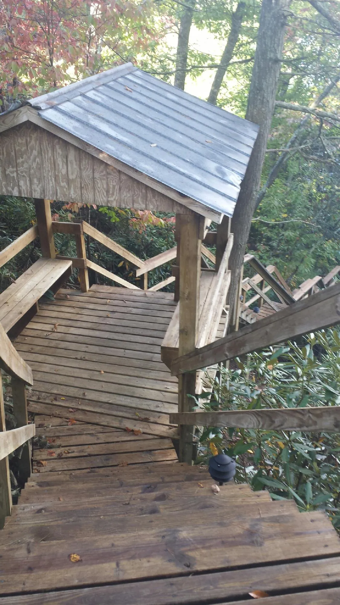 Metal roofed shelter over wooden steps on a wooded walkway — Skylight Repair & Installation work by our crew in Mc Allister